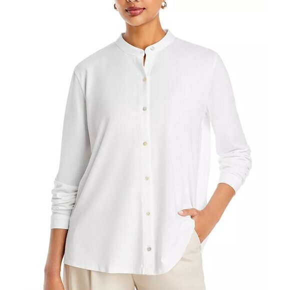 EILEEN FISHER mandarin collar jersey top in white size L - Picture 1 of 8